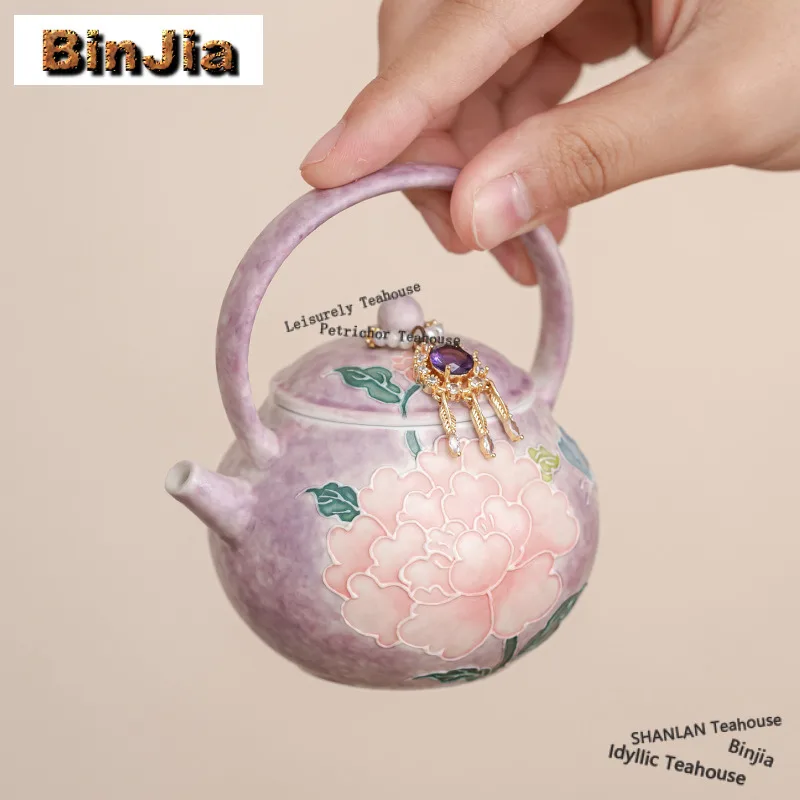 

90ml Hand-painted Peony Lifting Handle Teapot Creative Tea Infuser Pot Tea Soaking Kettle with Strainer Tea Ceremony Decoration