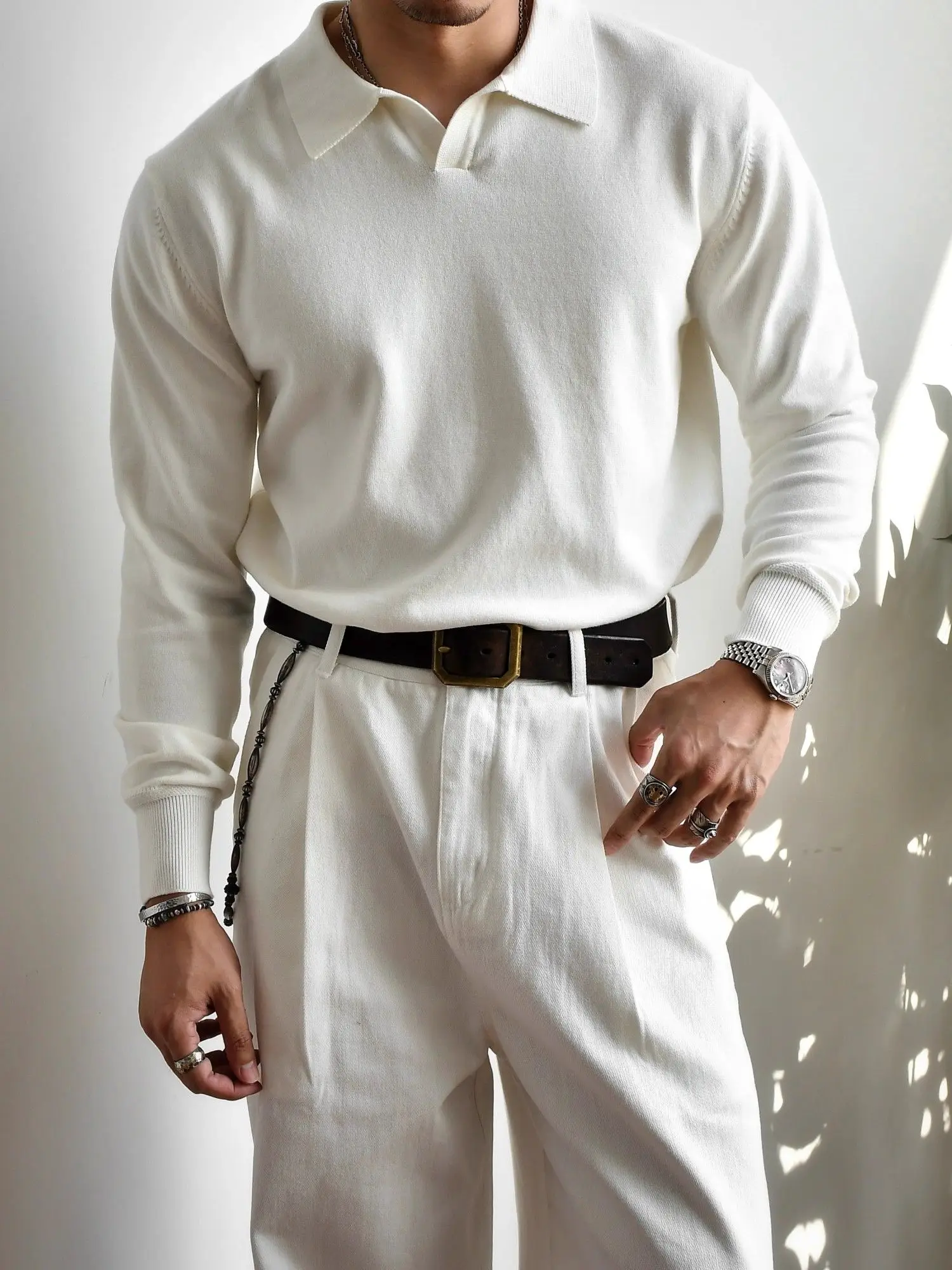 

Casual Long Sve Knitted Sweater Men's New Sle Collar cher Collar Breathable Skin-friendly Daily Wear Top