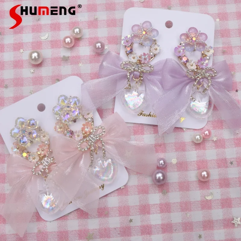 Korean Cute Dream Bow 925 Silver Needle Earrings Female 2024 Summer New Sweet Lady Rhinestone Flower Yarn Earrings for Women