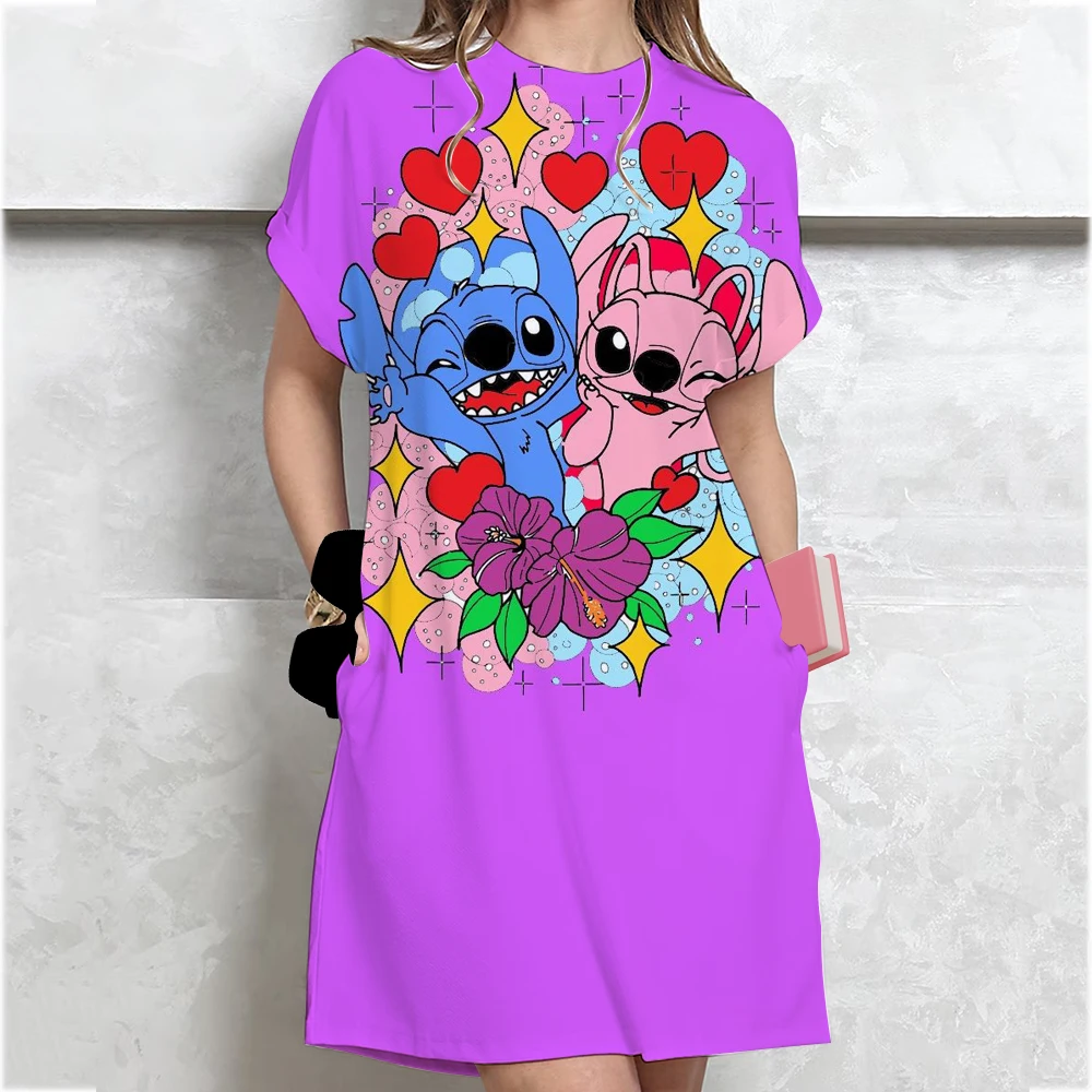 Disney Stitch พิมพ์ชุดผู้หญิงฤดูร้อนการ์ตูนแขนสั้น O-คอเสื้อยืดชุดแฟชั่นกระโปรงนอน Daily Basic Dressing