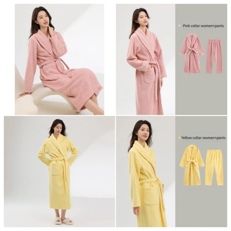

2025 new winter women's long sleeved wool dressing gown with a thick waist and warm cotton robe lightweight luxurious