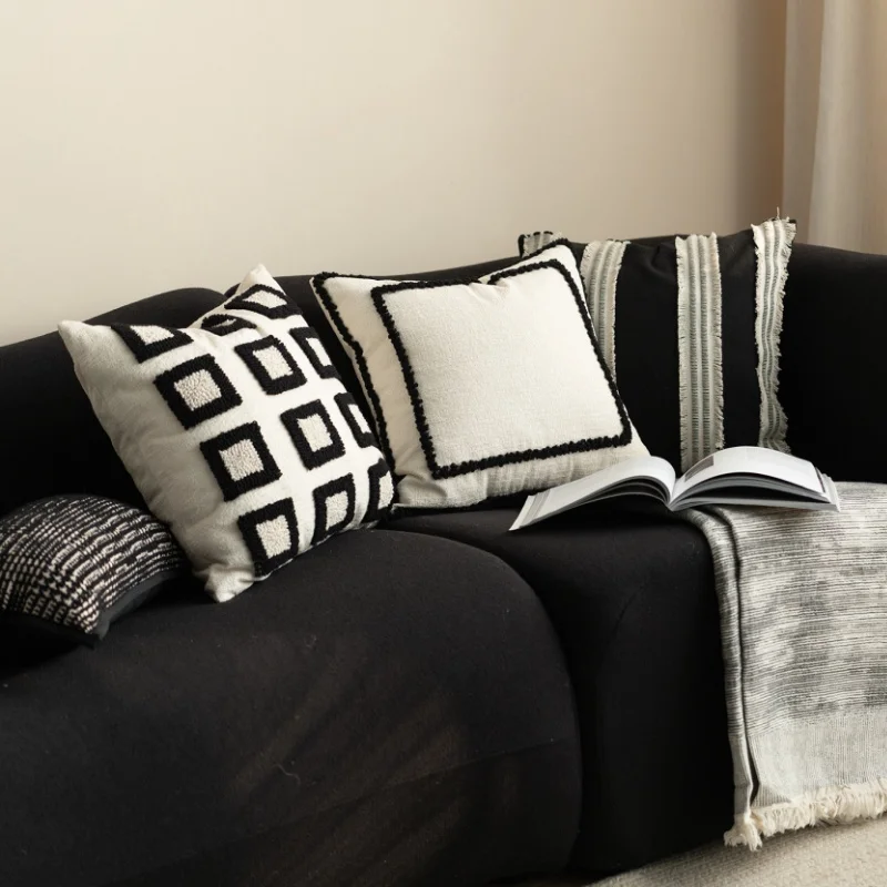 Modern Boho Textured Pillow Covers Black & White Geometric Decorative Cushion Case Simple Decorative Pillow for Sofa Living Room