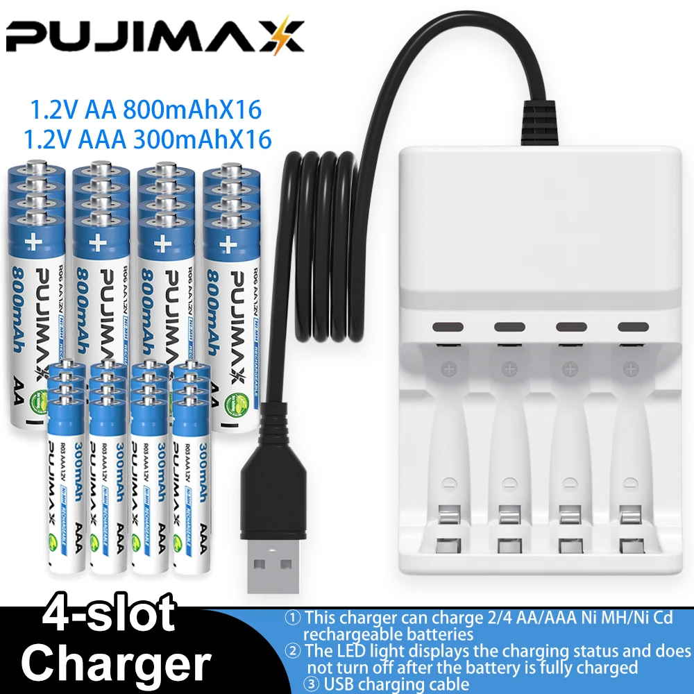 PUJIMAX 1.5V AAA 300mAh Rechargeable Battery 800mAh NI-MH 1.5 V AA Battery for Clocks Mice Computers Toys Battery+4Slots Charger