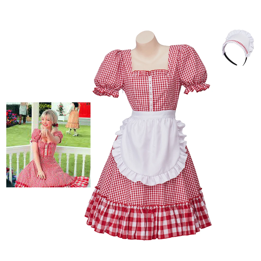 

Musical Schmigadoon Lady Betsy Cosplay Costume Betsy Red Plaid Waitress Dress With Apron Stage Performance Outfits for Halloween