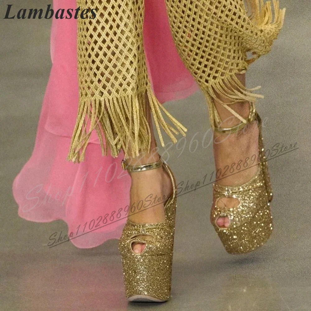 Zilver Glitter Platform Runway Sandalen Dunne Hoge Hak Schoenen Voor Vrouwen Enkel Gesp Peep Toe 2024 Mode Zapatillas Mujer