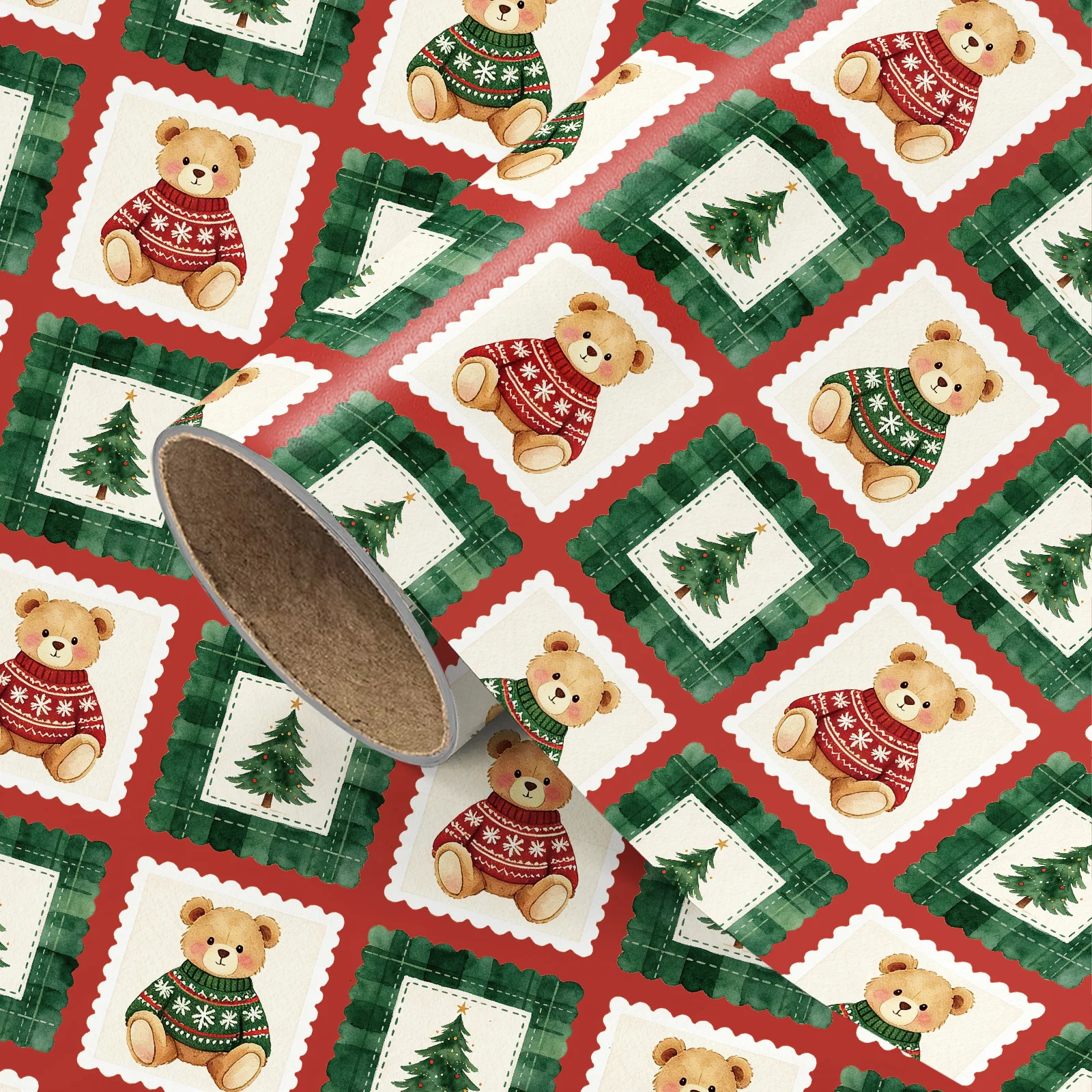 1 Roll of Red-Backed Stamp-Style Christmas Wrapping Paper, Sweater, Teddy Bear, and Christmas Tree Designs, Warm Holiday Gift DIY Decorative Paper, 43.2cm X 300cm (17inch X 9.84 Feet)