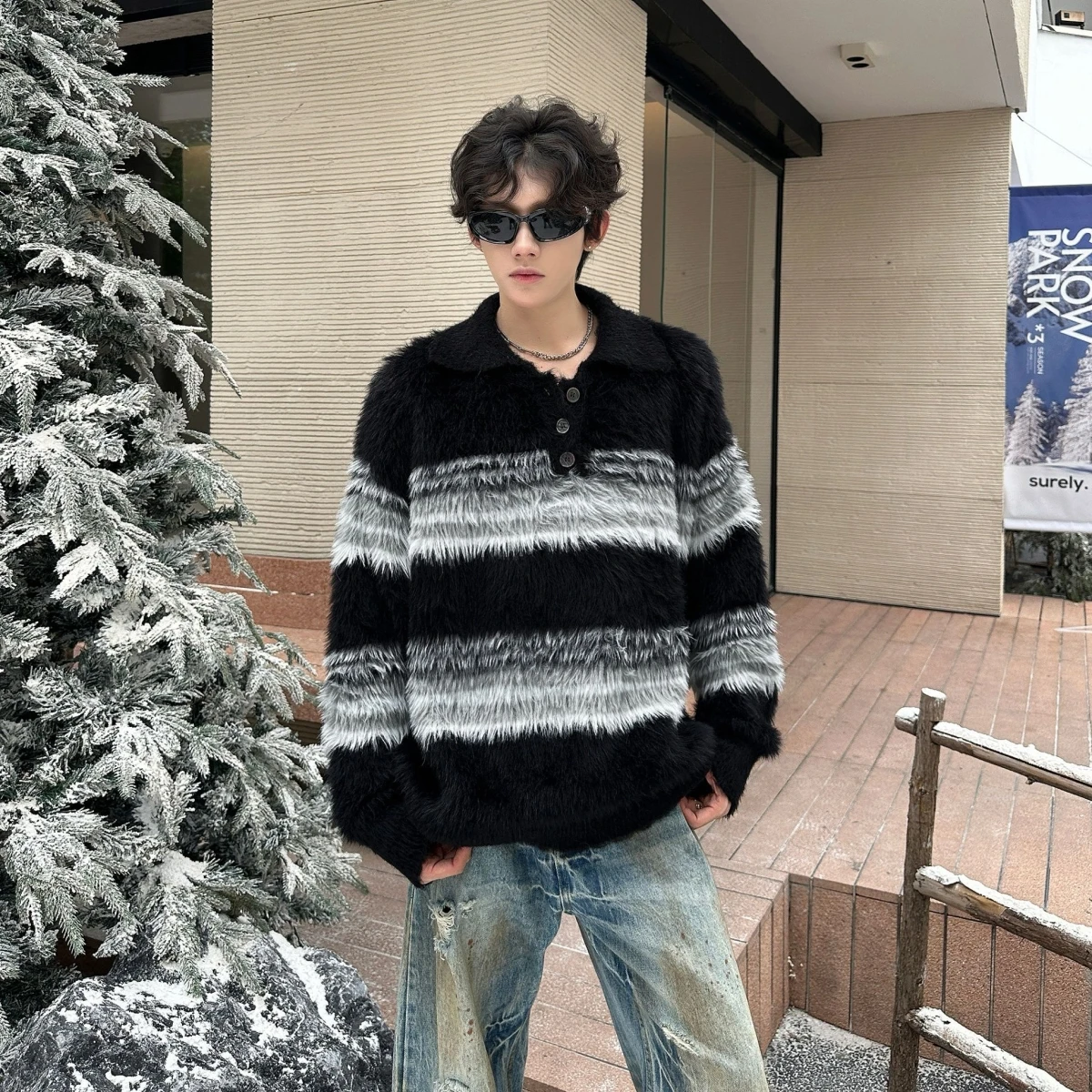 

American Sle Collar Striped Sweater Loose Lazy Knitted Winter Casual Youth Polyester Fiber Long Sve Men's Sweater