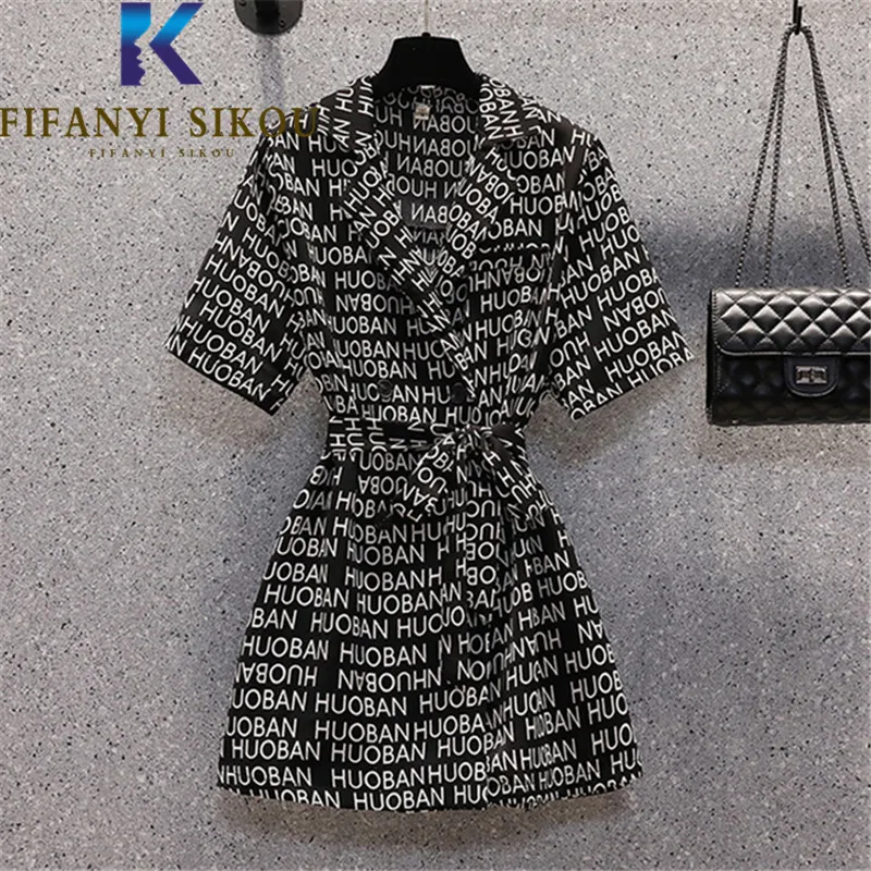 

Black Letter Print Dress Women Notched Collar Short Sleeve Fashion High Waist Short Dress Female Loose Casual Summer Dress