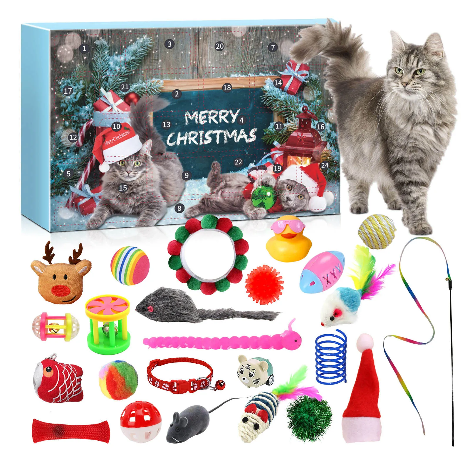 

Christmas Cat Advents Calendar 24 Days Countdown Calendar Surprise Present Box Collectible Interactive Cat Toy Kit for Cat Love