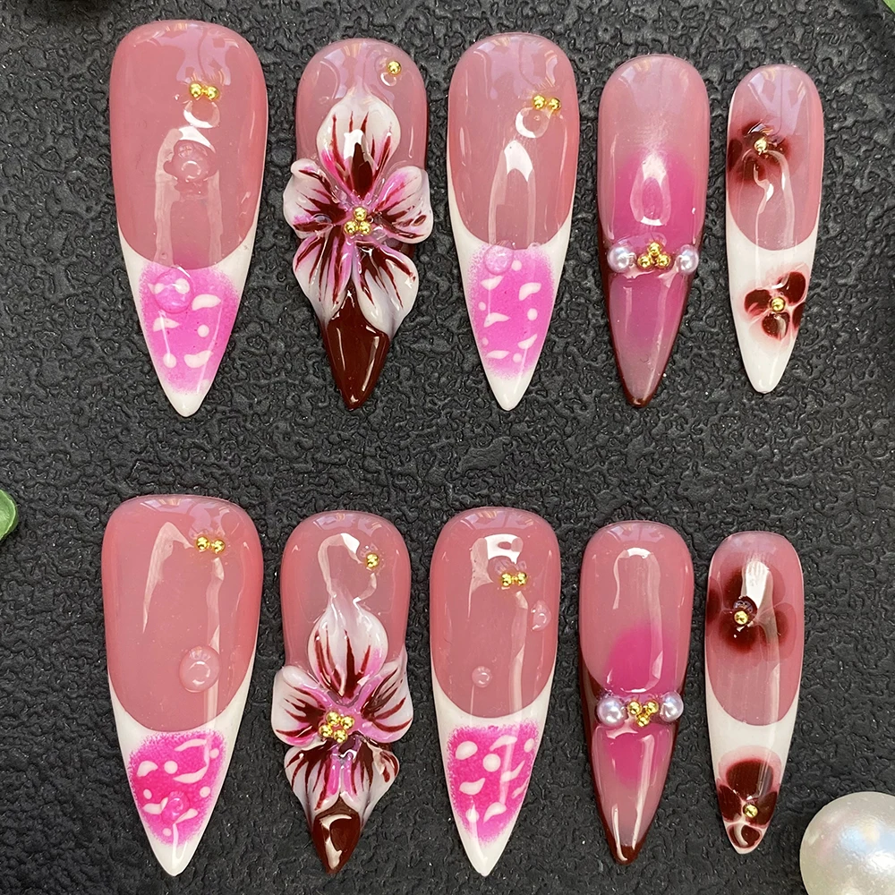 

Glamorous 10PCS Handmade Acrylic Manual Fingernails Glossy UV Gel Carved Salon Quality 35mm Stiletto Thick Artificial Nail Press