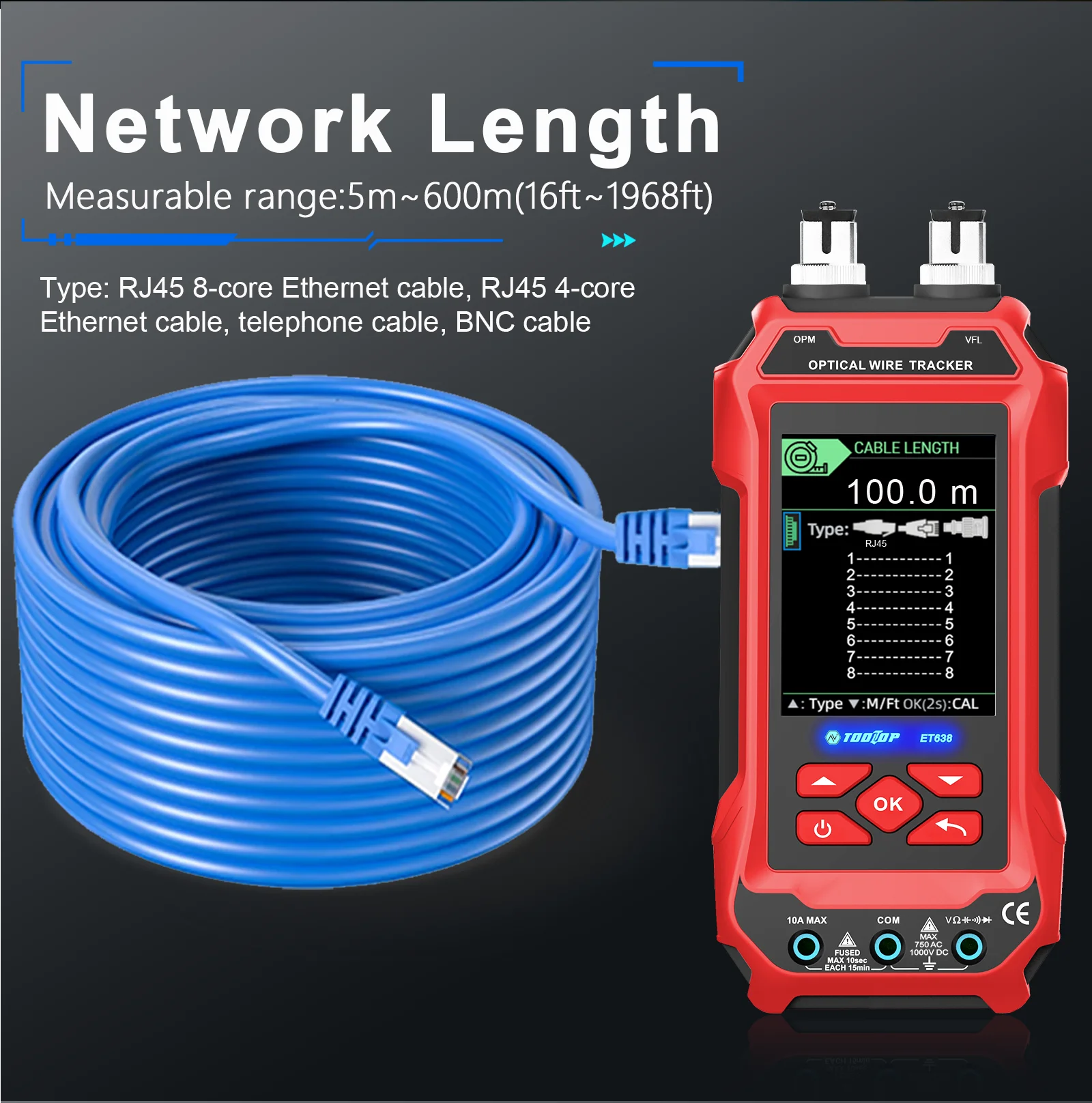 TOOLTOP ET638 Professional Versatile 600M Network Cable Tester POE Multimeter Optical Power Meter Fault Locator Lithium Battery