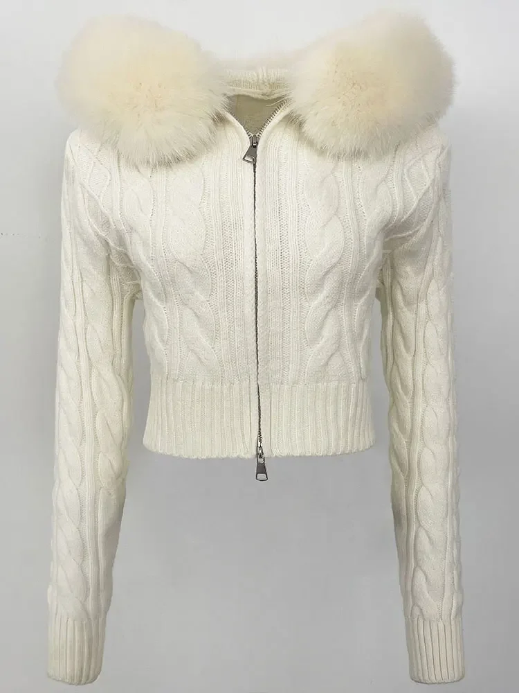 2025 nouveau printemps automne femmes court mince col de fourrure tricots solide réel fourrure de renard pull recadrée tricoté Cardigan femme