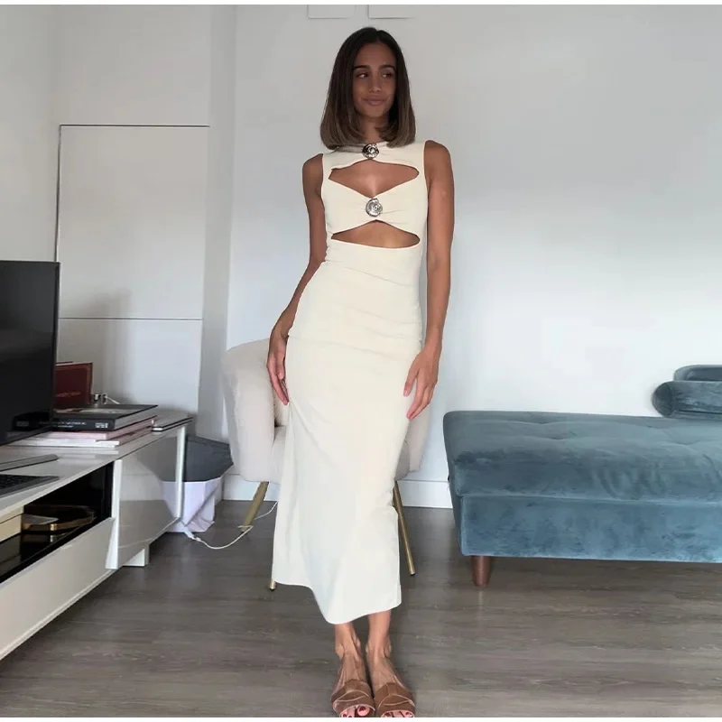 Fashion Seashell Cut Out Solid Long Dress Women Elegant O Neck Sleeveless Slim Slit Maxi Dresses 2024 Lady Streetwear Party Robe