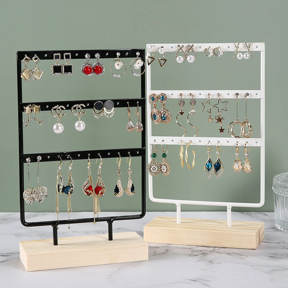 

3-Tiers 72 Holes Earring Display Holder,Metal 3 Layers Jewelry Storage Organizer Wood Base Stand Tree,Ear Stud Rack Gift