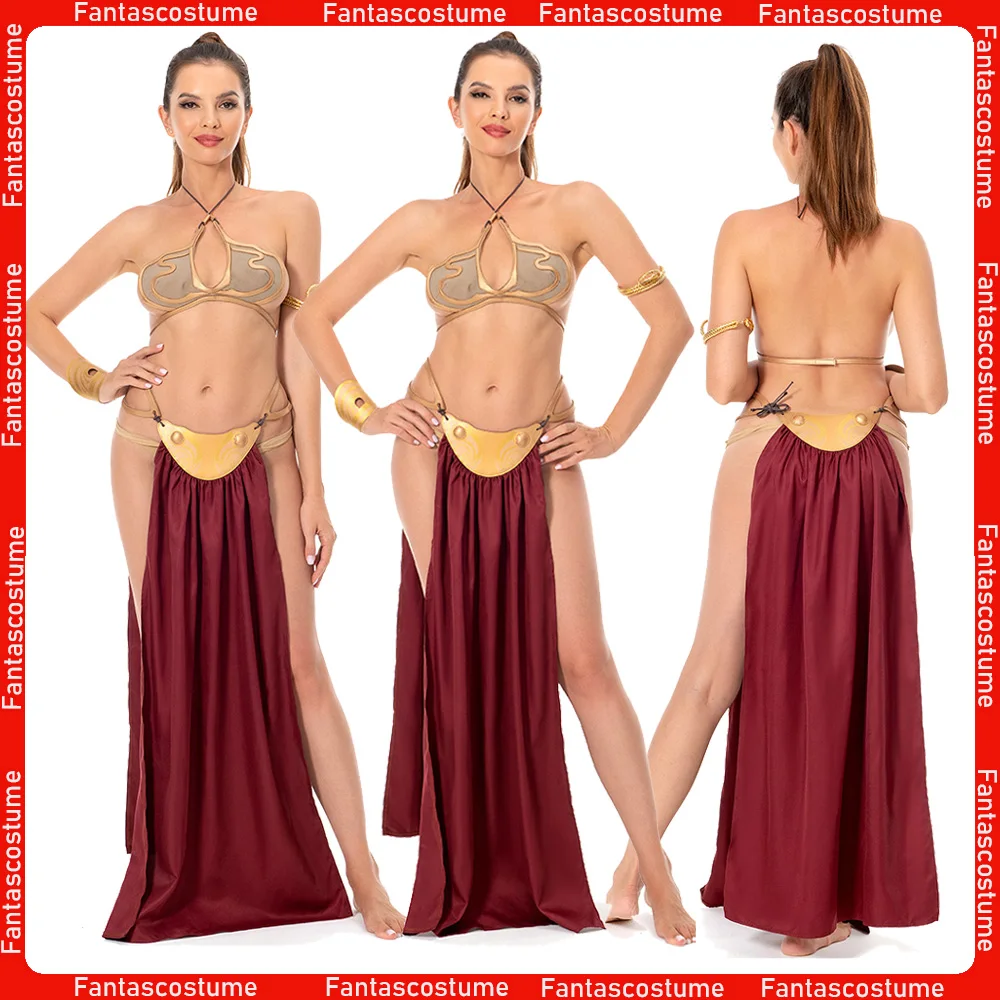 Leia Skirt Cosplay Princess Costume Movie Space Battle Fantasy Sexy Slave Dress Women Bikini Top Halloween Party Roleplay Suit