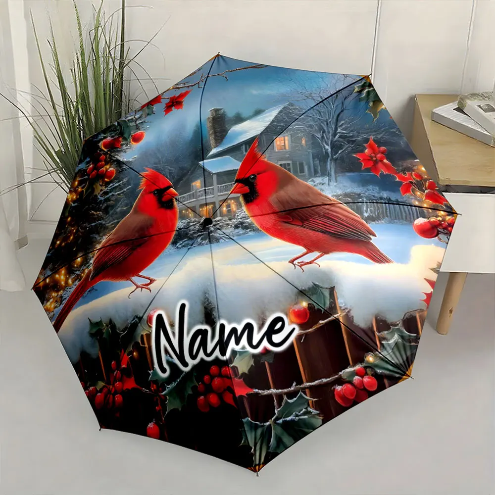 Custom Name  Red Cardinals with Winter Scene Printed Umbrella Print 8 Iron Ribs Folding Umbrella Auto-Open Fashion Sunshade