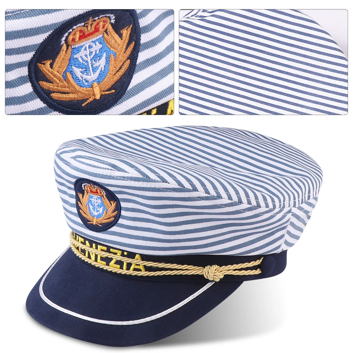 

1Pcs Blue Stripe Navy Captain Hat Sea Captain Style Lightweight Adjustable for Adult Ship Hat Cosplay Daily Wear Gift