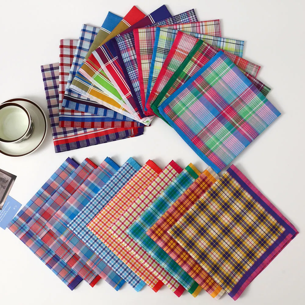 12/24Pcs Random Vintage Plaid Cotton Handkerchief Thin Water Absorbent Woven Check Square Towel Sweat Wiping Daily Use 43*43cm