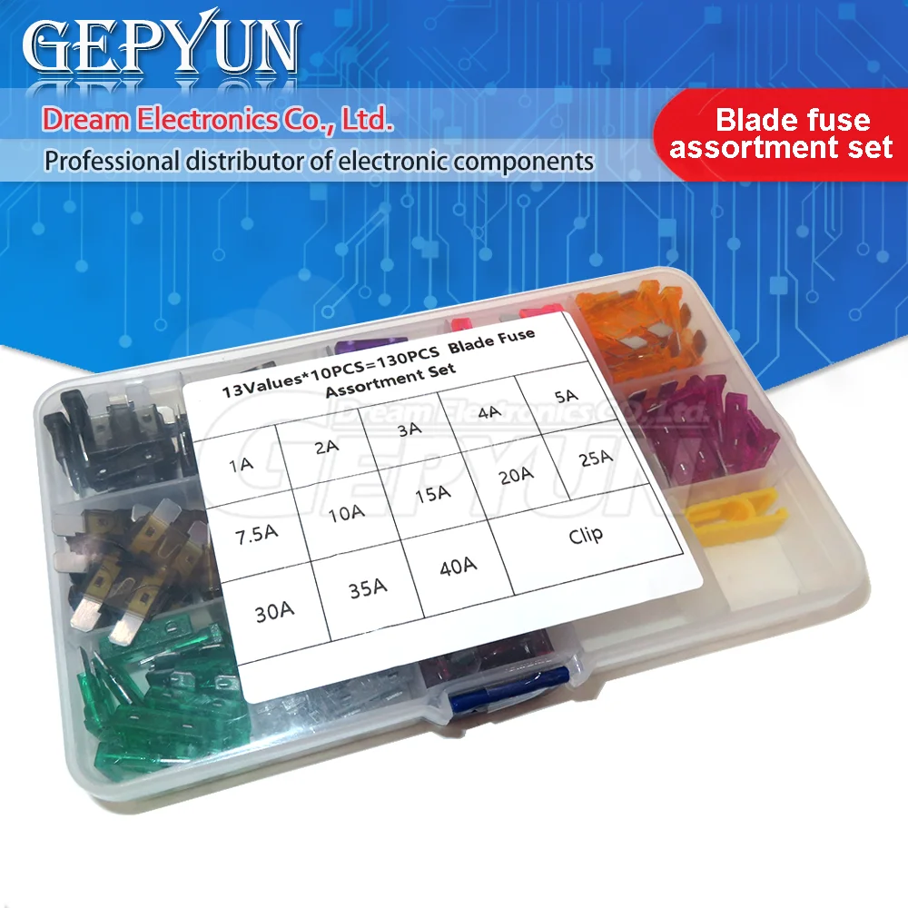 130pcs Standard Blade Car Fuse Assortment 1A 2A 3A 4A 5A 7.5A 10A 15A 20A 25A 30A 35A 40A Car Fuse Set diy Electronic Pack