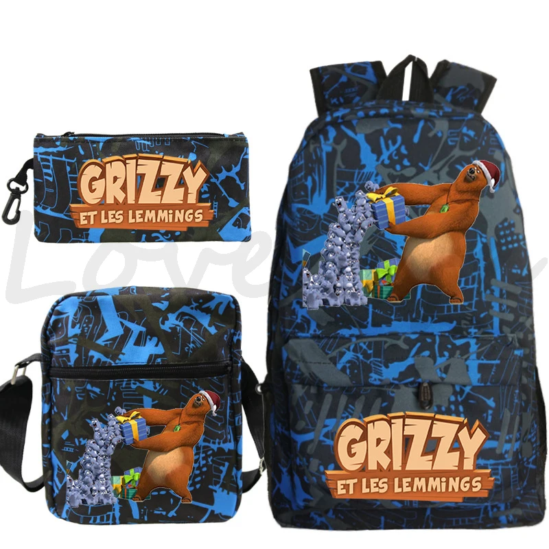 3Pcs Set Grizzy And Les Lemmings Backpack Student School Bags Cartoon Bookbag Boys Girls Rucksack Daily Daypack Mochila