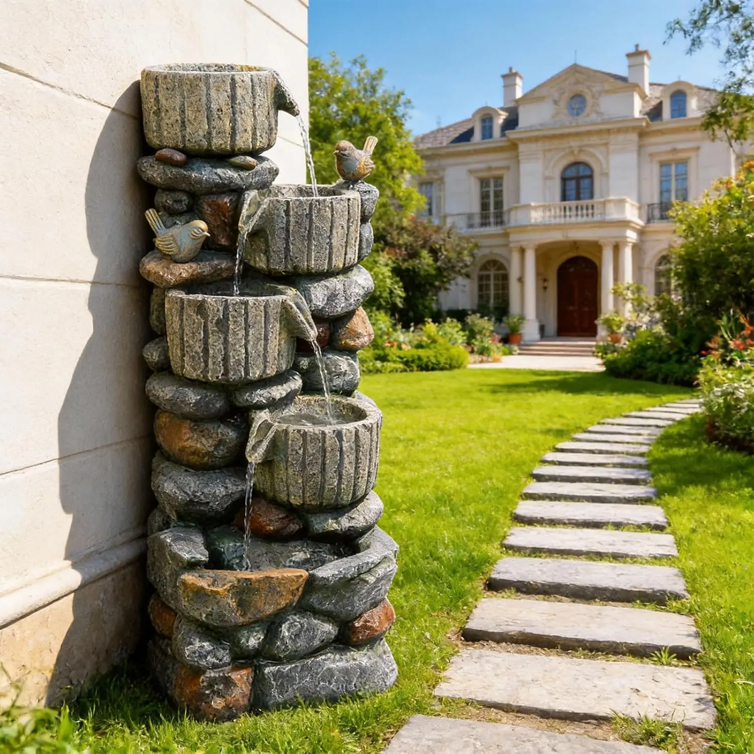 3504 H 5Tier Cascading Rock Water Fountain LED Lights Freestanding Indoor Outdoor Waterfall Fountain Bird Garden Patio Deck Lawn