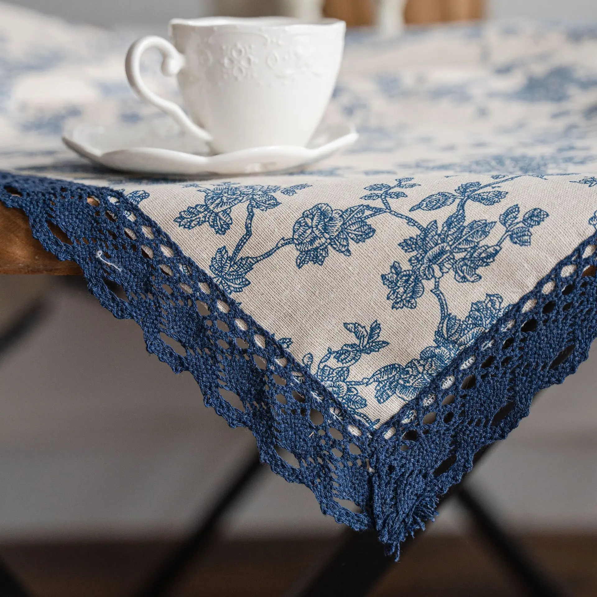 Linen Cotton Tablecloth with Lace, Rectangular Dining Table Cover, Tea Table Cloth, Blue Rose Printing, Pastoral