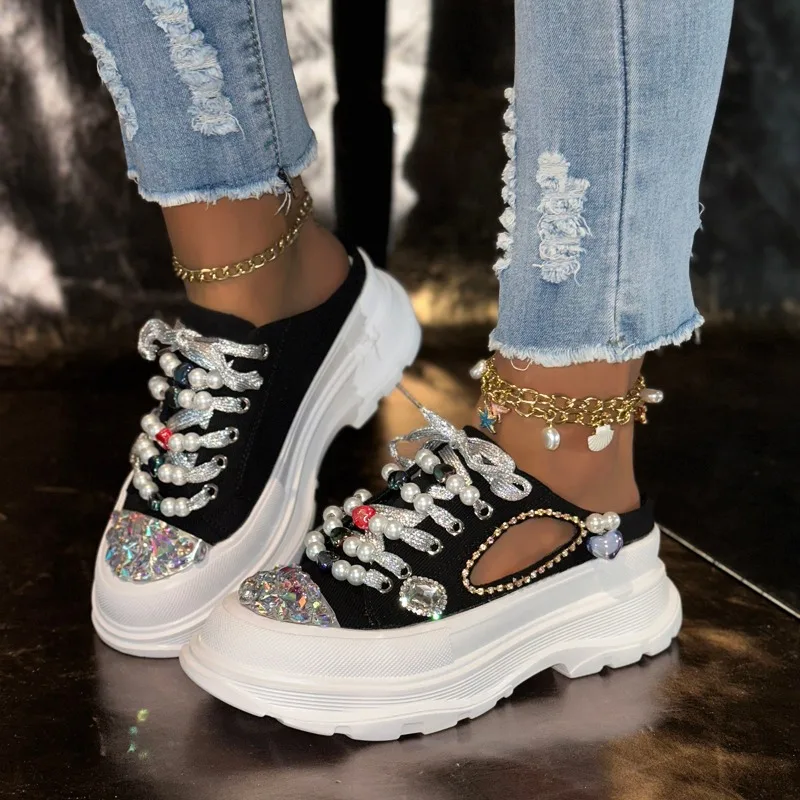 

2025 New Women's High Quality Chunky Platform Sporty Slide Sandals with Pearl Rhinestone Casual Footwear Женская Обувь
