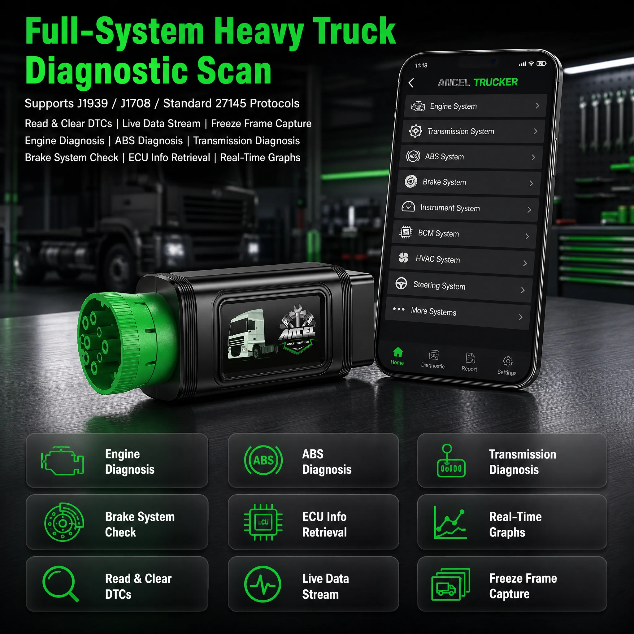 Full System Diesel Heavy Duty Truck OBD2 Scanner Bluetooth Speed Limit Reset Code Reader for Cummins and Caterpillar