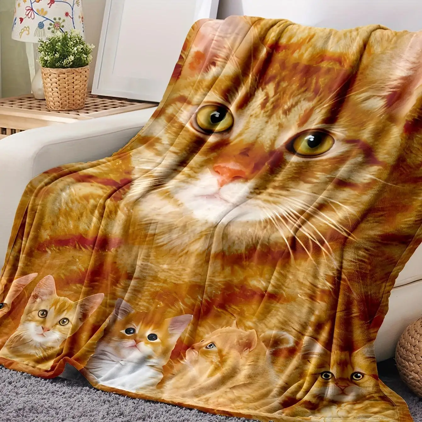 Fluffy Blanket Charming Geometric Cat Print Blanket For Sofa Bed Office Camping Valentine's Day Gift for Kids Companion