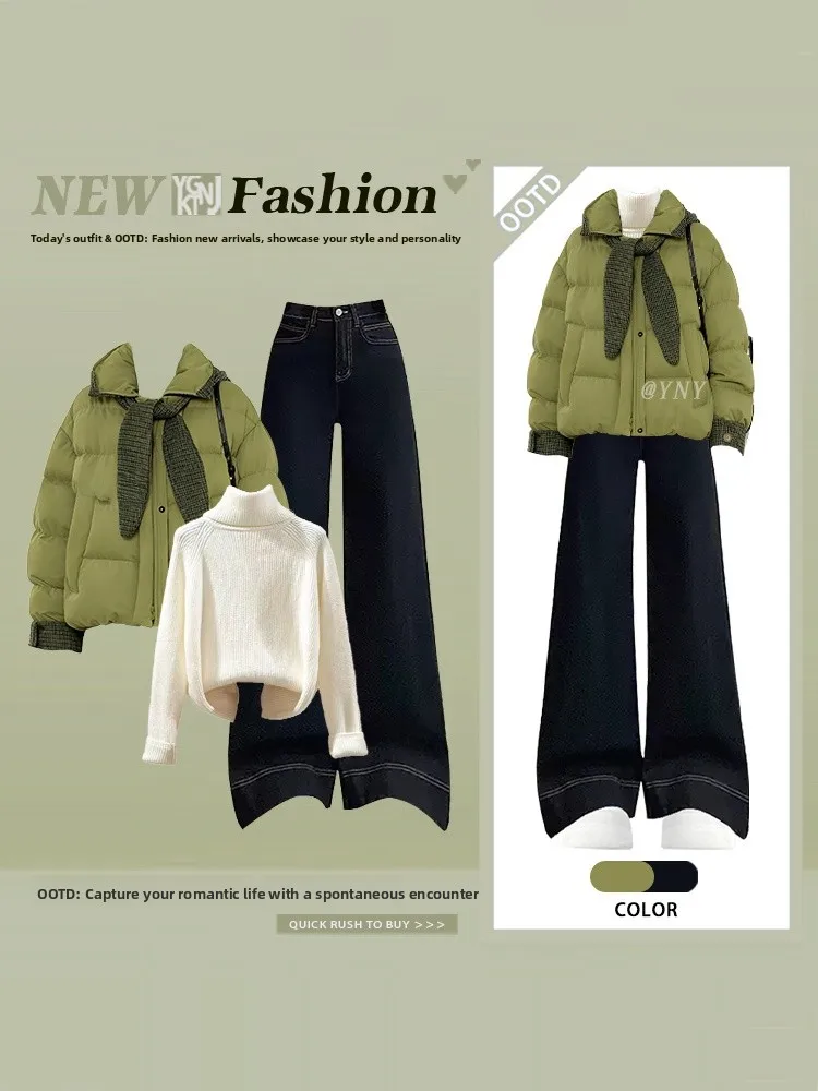 

Green Cotton Hooded Jacket And Pants Set Women's Winter Loose Comfortable Fashion Three-Piece Suit High Waist Knot