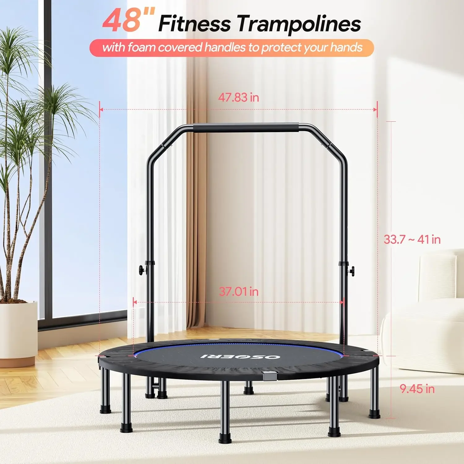 Mini Tramimmersion Pliable avec Poignée en Mousse Réglable pour Adultes, Rebounder Tramimmersion, Charge Maximale 450, Artériel, Fitness, 48"