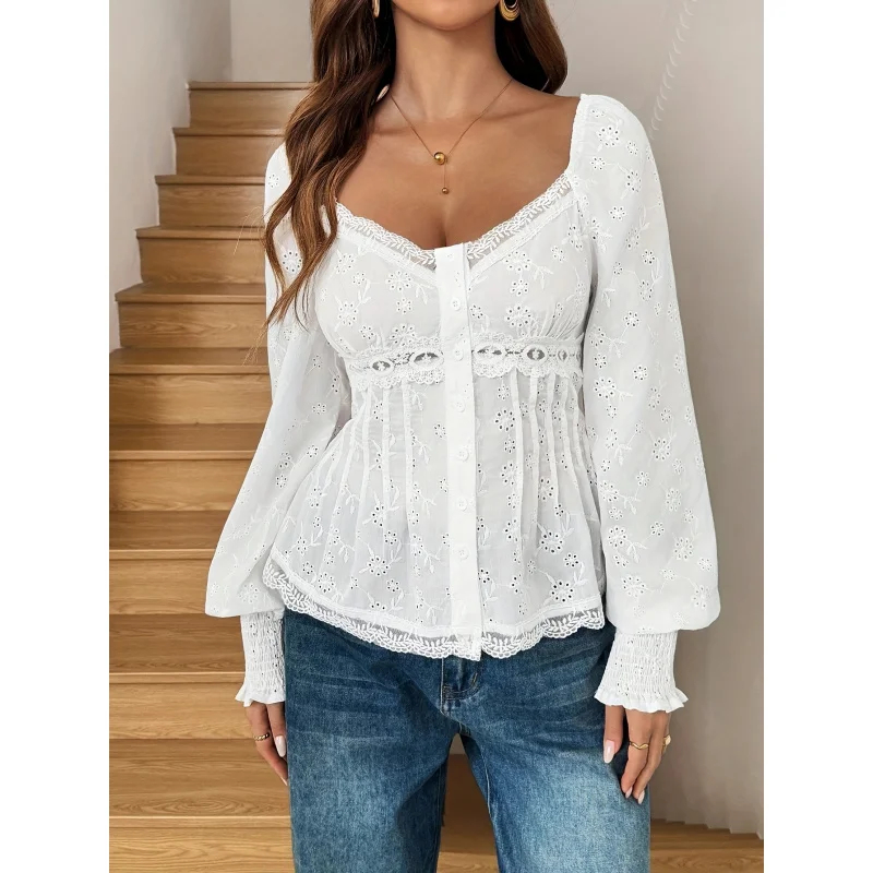 

Women'S Elegant Lace Patchwork Button Front Pleated Embroidered Shirt