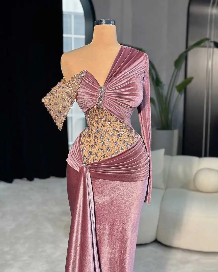 Moderno sereia vestido de noite um ombro manga longa vestidos de baile bainha cristal frisado até o chão vestidos de festa personalizados