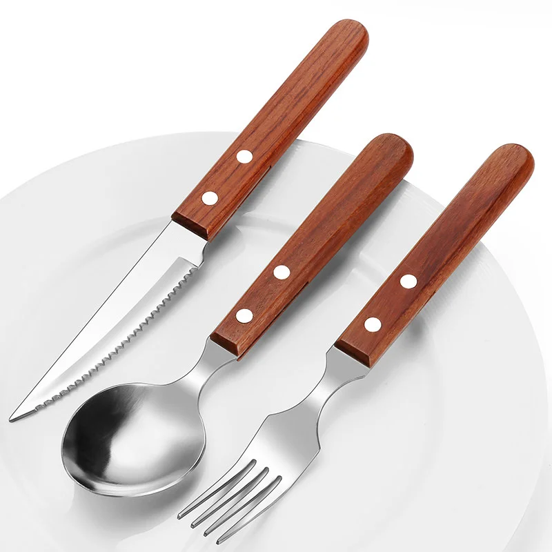 

3Pcs Wooden Handle Cutlery Set 304 Stainless Steel Rivet Dinnerware Wood Handle Spoon Knife Fork Dinner Tableware Set Kitchen