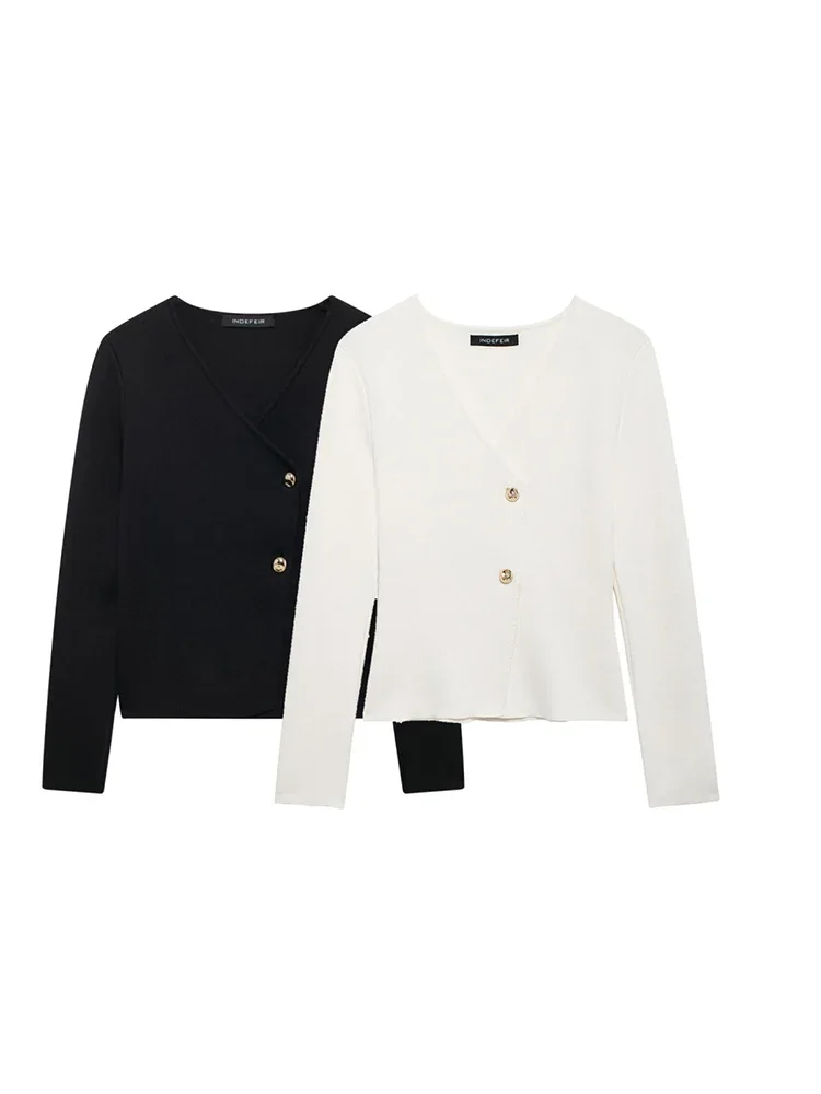 LIBIELIY 2024 New Women's Clothing European And American Style Fashion Simple Gold Button Asymmetric V-neck Knitted Jacket