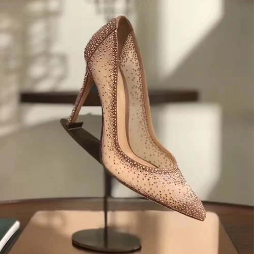 

Bling Crystal Drilled Mesh Wedding Pumps pointed Toe Glitter patchwork High Heels Wedding Shoes Summer Banquet Shoes