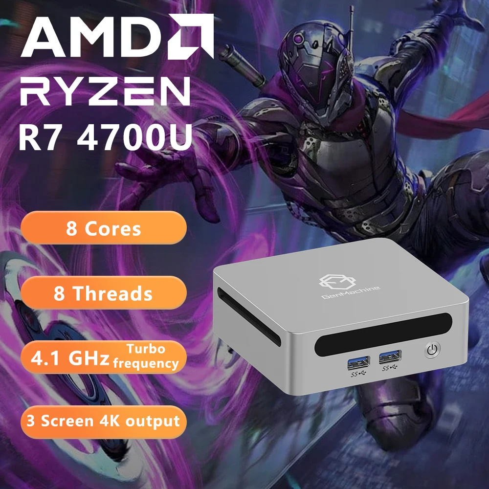 GenMachine Mini PC AMD Ryzen 7 4700U 4750U 4800H 4900H Prosesor Ryzen RAM DDR4 ROM M.2 2280 Wifi6 PC Gamer Komputer Gaming Rakitan