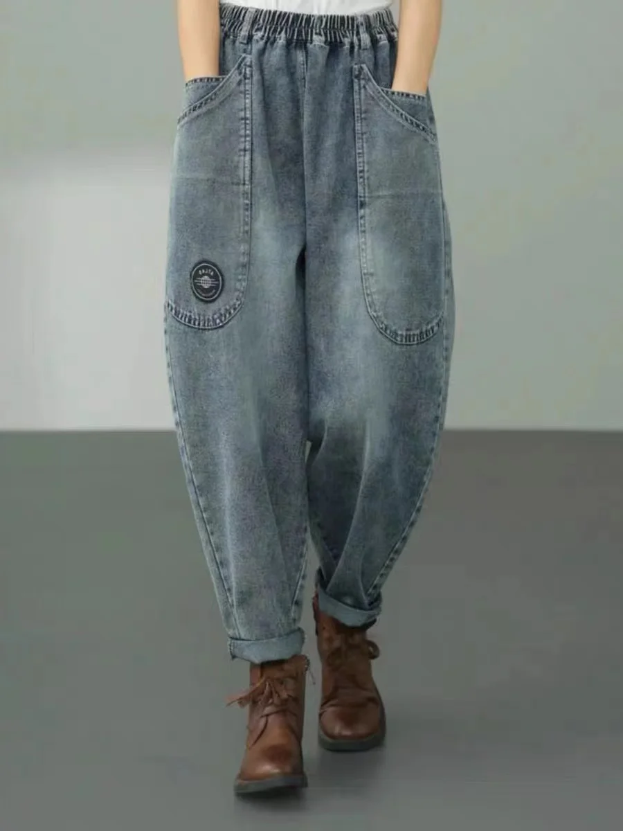 

Весенне-осенние новые женские свободные повседневные джинсы с эластичной резинкой на талии, большие размеры, утягивающие брюки Харлан с высокой талией, хлопок, чистый C...