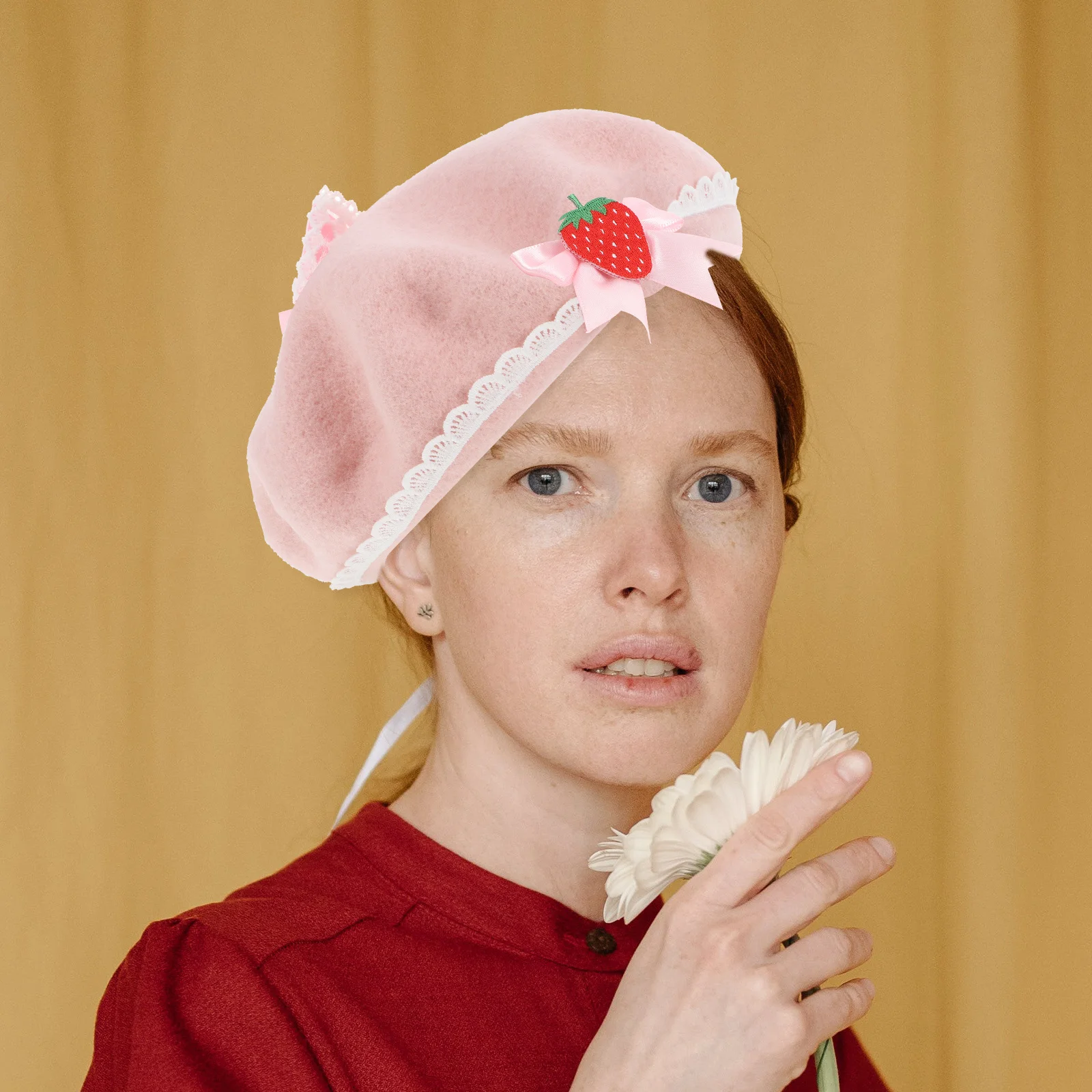 

1pc Strawberries Bowknot Wool Beret French Style Hat Women Warm Winter Cap Fashionable Artist Costume Accessory