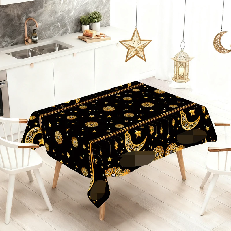 Moon Festival Black Gold Tablecloth Moon Lantern Print Disposable Plastic Waterproof Table Cloth Middle Eastern Festive Decor