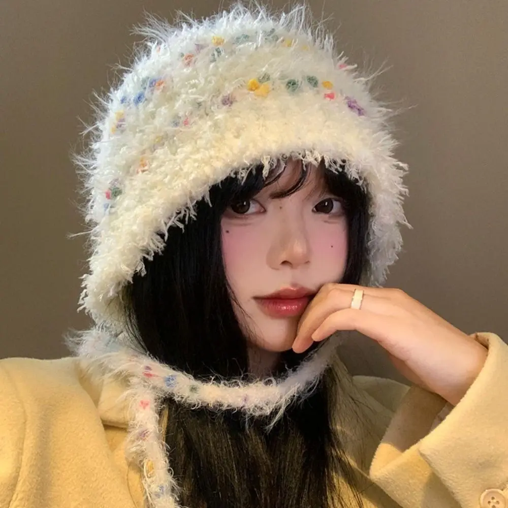 Fashion Korean Stye Rainbow Beans Hat Warm Outdoor Y2k Woolen Crochet Hat Autumn Winter Ear Protection Women Bucket Hat Female