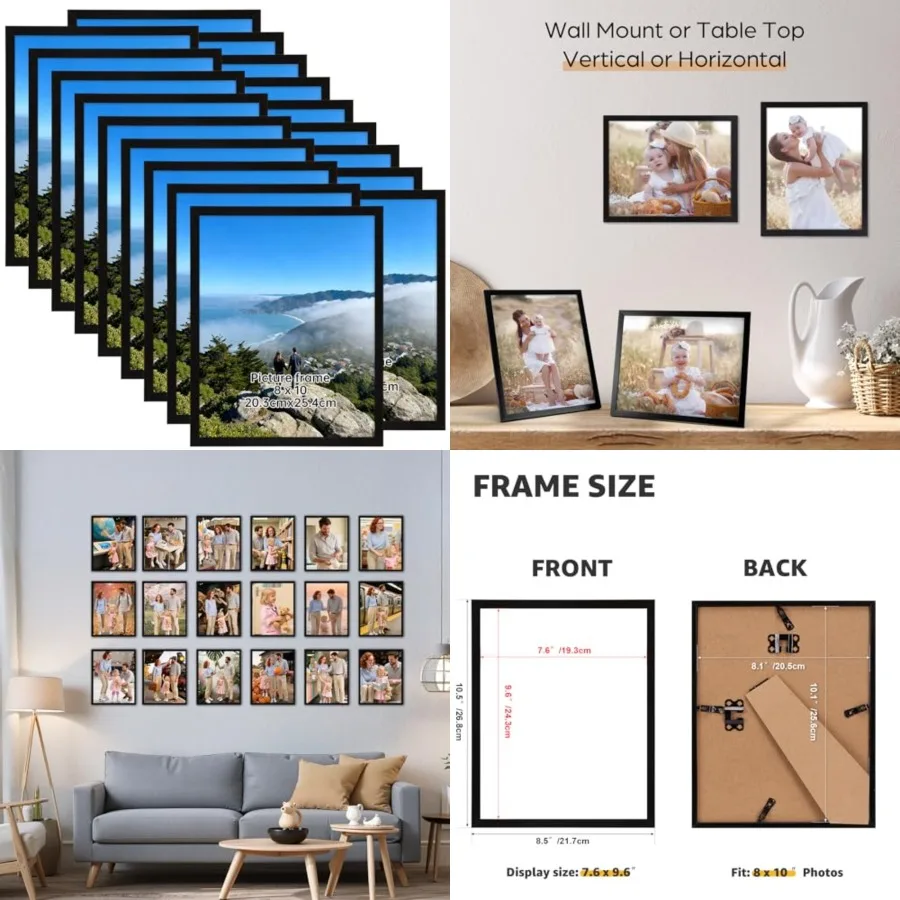 

8x10 Picture Frame Set of 18, Lightweight 8 by 10 Frames Bulk for Gallery Wall Photo Hanging and Tabletop Display, Black