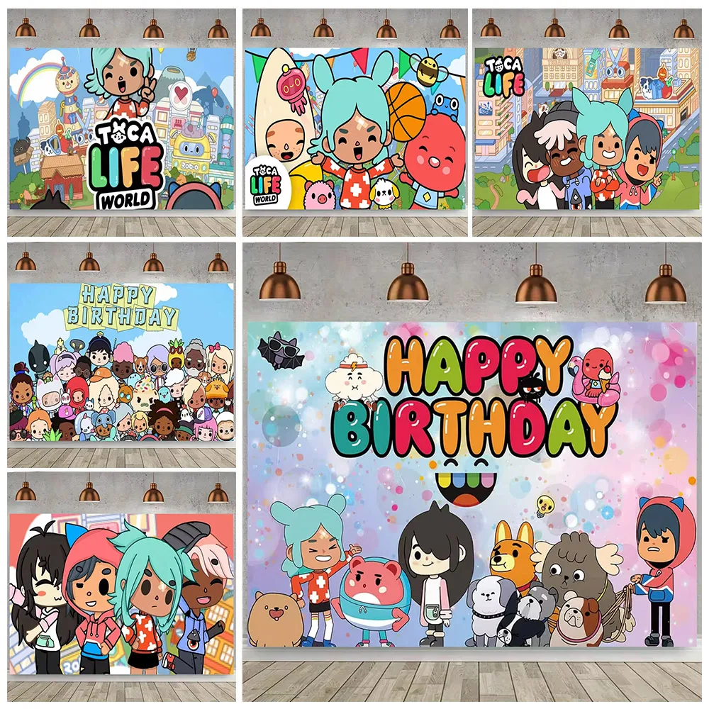 

Cartoon Toca Life World Backdrop Kids 1st Birthday Party Vinyl Background Photography Color Rainbow Balloon Banner Studio Props