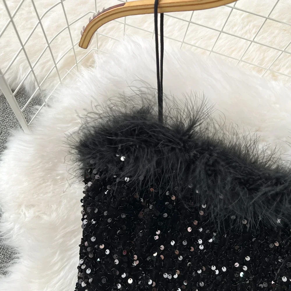 冬のスパンコールセクシーなツーピースセット女性背中の開いたノースリーブグリッタータンクトップとミディスカートスーツ女性のファッション衣装