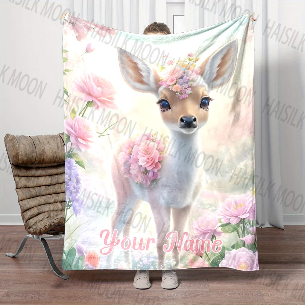 (Memo U Name) Customized Name Personalized Blanket Cartoon Deer Print Warm and Comfortable Blanket for Adults and Kids for Gifts