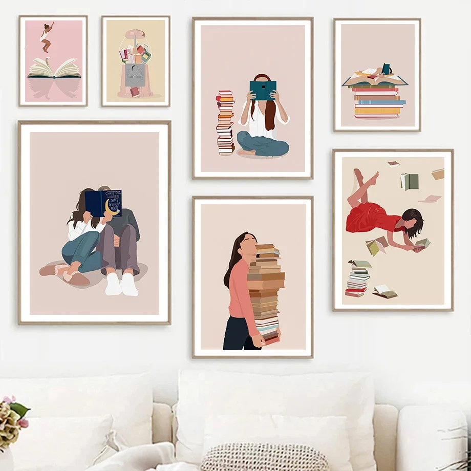 I love Reading  Women Read Jump Into The Book Abstract Illustration Fashion Wall Art Canvas Painting Nordic Poster Room Decor