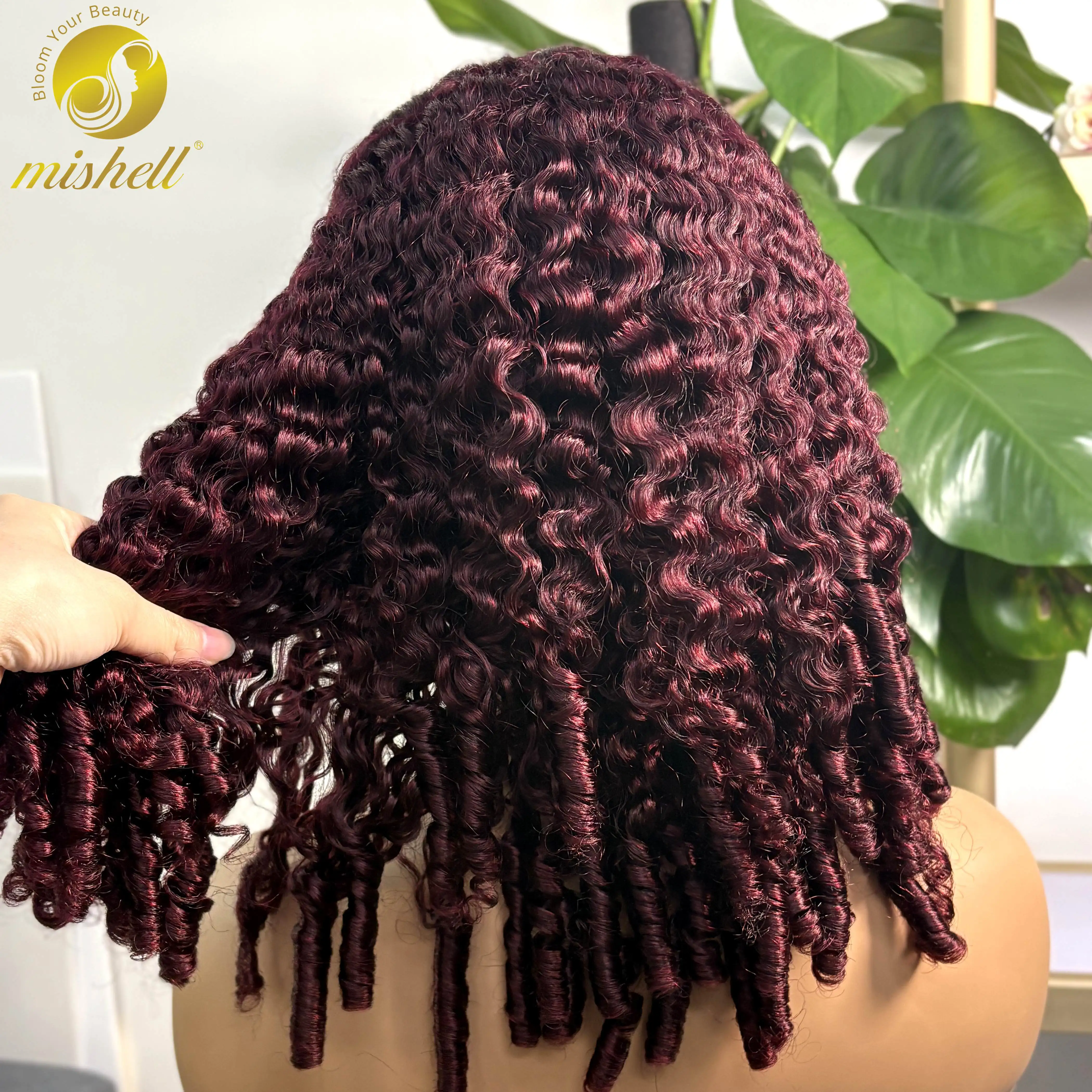 

350% Density 5x5 Glueless Burgundy 99J# Burmese Curly Human Hair Wigs Double Drawn Bouncy Curly Wigs for Women PrePlucked Remy