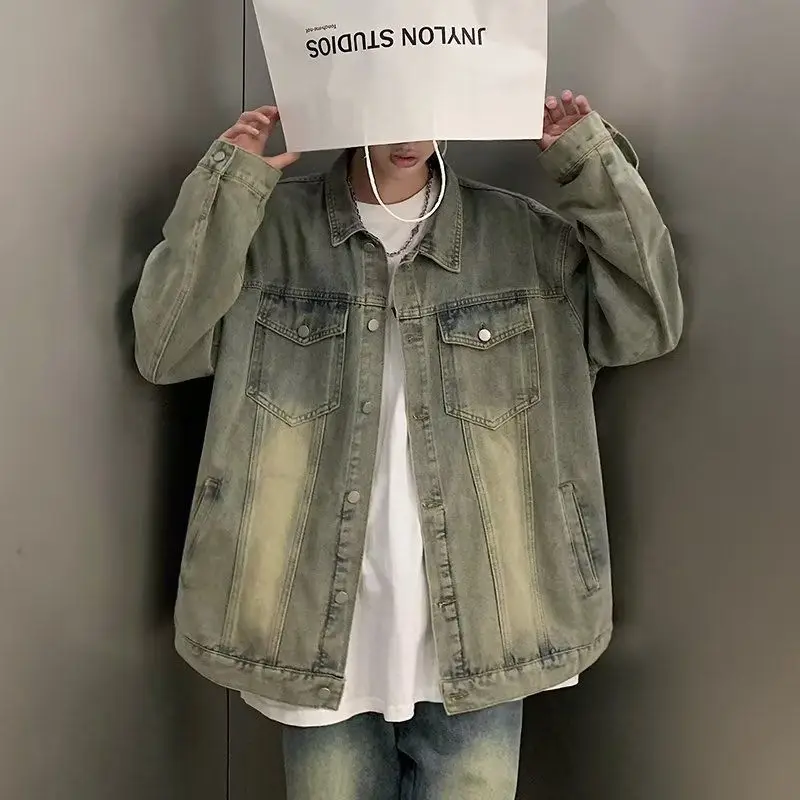 

Waed Denim Jaet Men's Spring Autumn Workwear Collared Jaet Yellow Mud Color American Sle Jeans Jaet Stand Fit