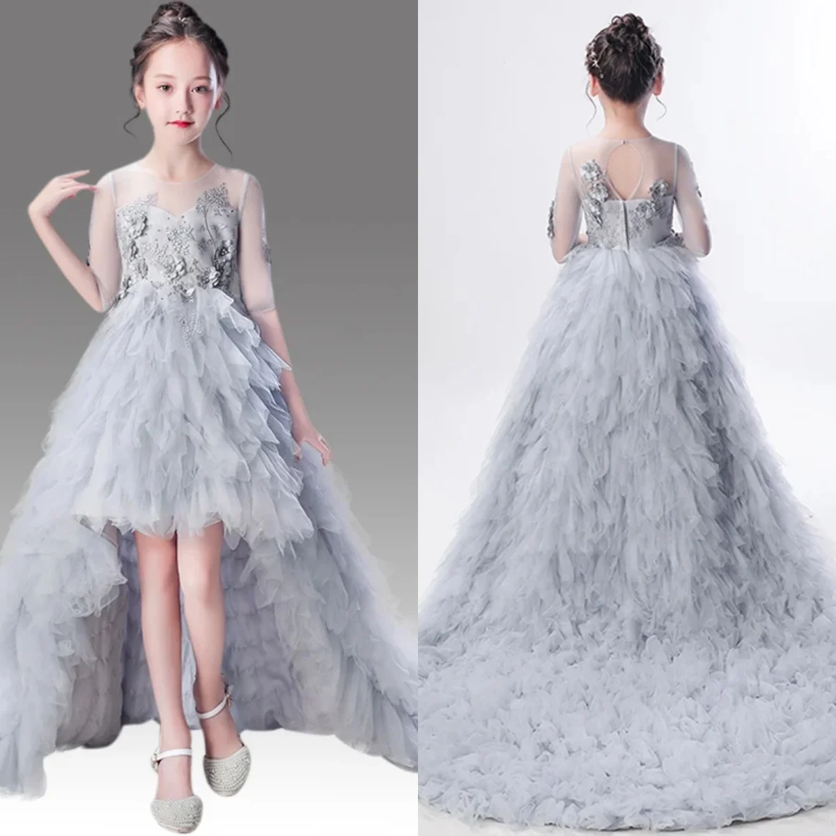 

High Low Length Flower Girl Dress Gray Tulle O-Neck Beading Communion Dresses Appliques Ruched Girls Elegant Pageant Ball Gowns