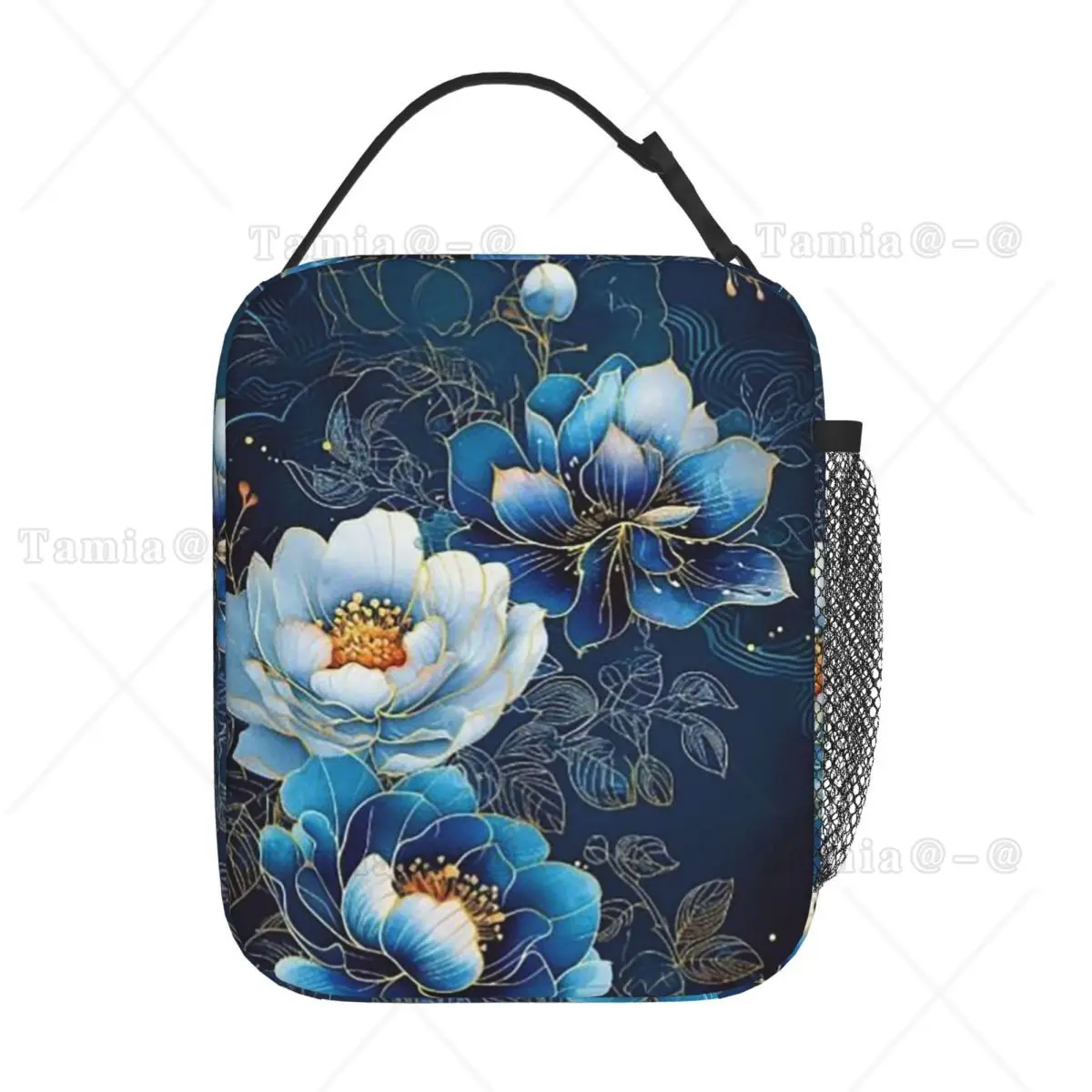 Purple Flower With Golden Border Pattern Insulated Lunch Bag for Women Children Portable Food Boxes Thermal Lunch Box Tote